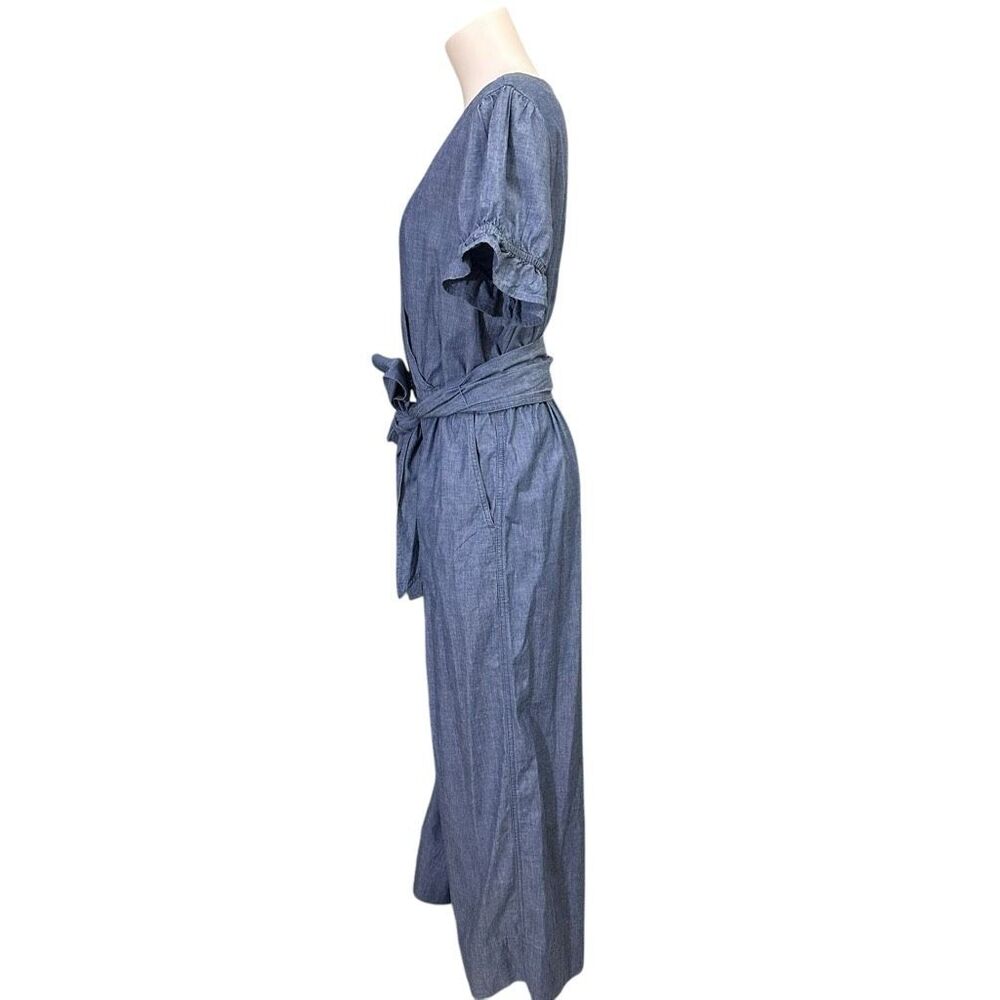 J. Crew Ruffle Chambray Puff Sleeve Jumpsuit Wide Leg 100% Cotton Size 12 - Picture 4 of 10